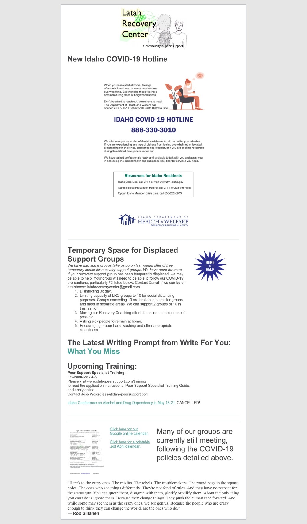 This Week at the Latah Recovery Center-March 31